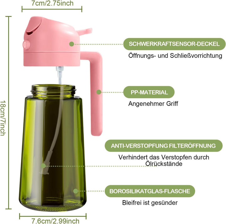 YARRAMATE 2 Stück 470ml Ölsprüher zum Kochen, 2-in-1 UV Schutz ölzerstäuber für die Küche, hochwerti