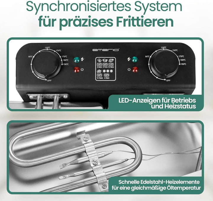 EMERIO 2x 3.0L Öl-Fritteuse mit Kaltzonen Technologie | Doppelkammer | Thermostat | kein bitterer Ge