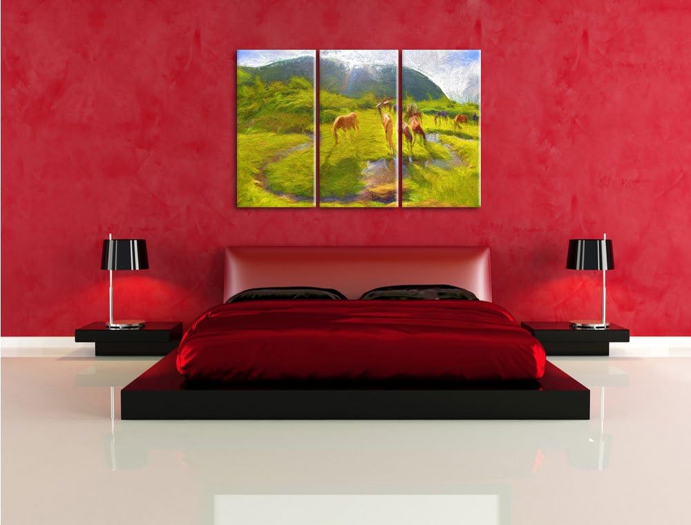 Pixxprint Wildpferde auf Wiese als Leinwandbild/Grösse: 3 Teilig (120x80) cm/Wandbild/Kunstdruck/fer