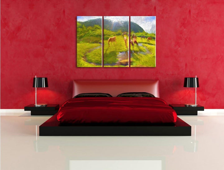 Pixxprint Wildpferde auf Wiese als Leinwandbild/Grösse: 3 Teilig (120x80) cm/Wandbild/Kunstdruck/fer
