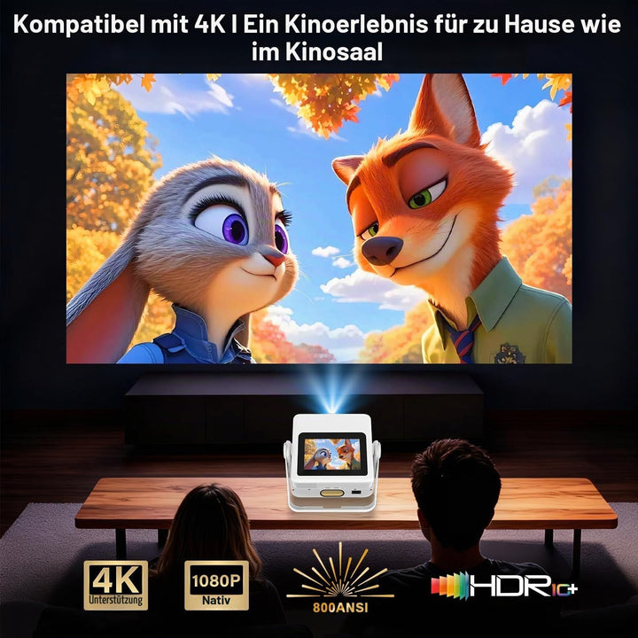 Smart Mini Beamer 4K-Unterstützung mit Touchscreen, 1100ANSI Outdoor Projektor, Autofokus &amp; Trapezko