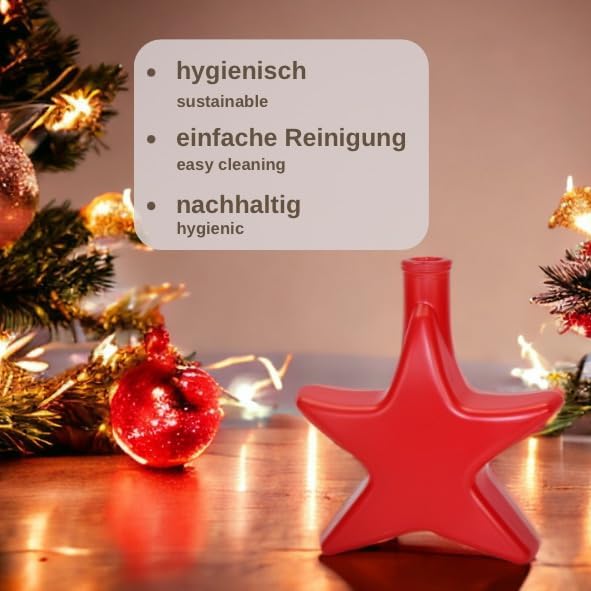 gouveo 6er Set Glasflasche 200 ml Stern rot gefrostet mit Holzgriffkorken - Weihnachtsflasche in Ste