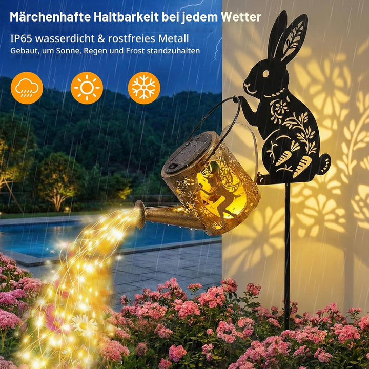 Solargiesskanne-Licht mit Hasen-Silhouette-Stecker &amp; Feendesign – Kaskaden-LED-Lichterkette für Gart