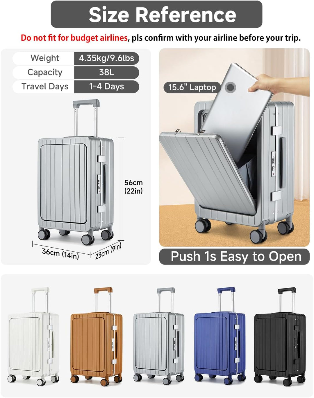 Sea choice Handgepäck mit Laptopfach für 15,6" Reisekoffer aus PC mit USB-Anschluss Hartschalen Trol