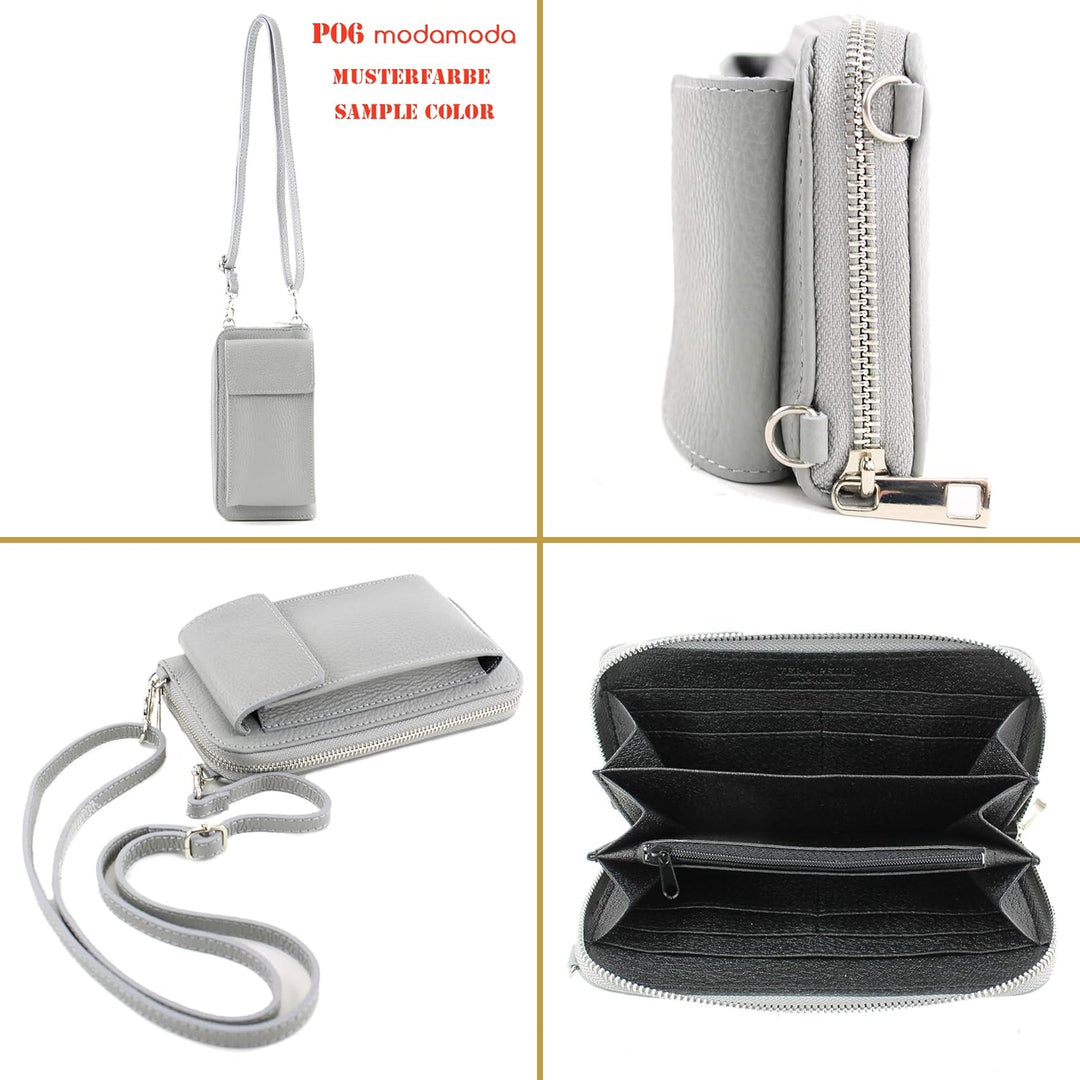 modamoda de - P06 - ital. Damen Umhängetasche Geldbörse Handytasche Leder Silber, Silber