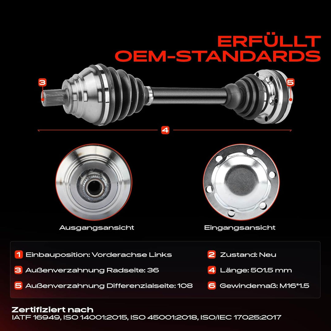 Frankberg Antriebswelle Vorne Links Kompatibel mit Golf Plus 521 5M1 1.4L 2006-2008 Golf V 1K1 1.4L