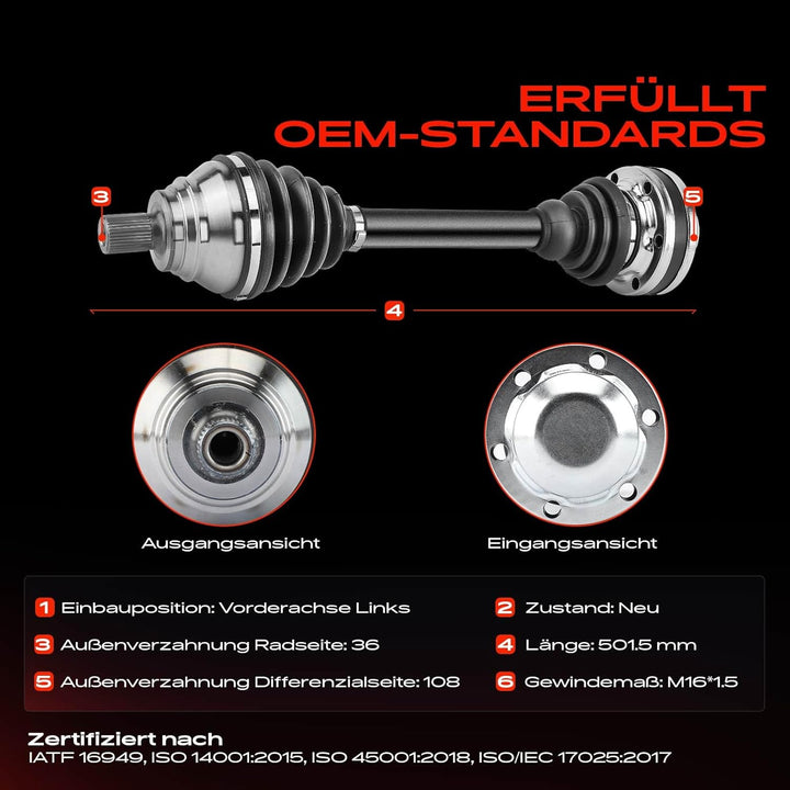Frankberg Antriebswelle Vorne Links Kompatibel mit Golf Plus 521 5M1 1.4L 2006-2008 Golf V 1K1 1.4L