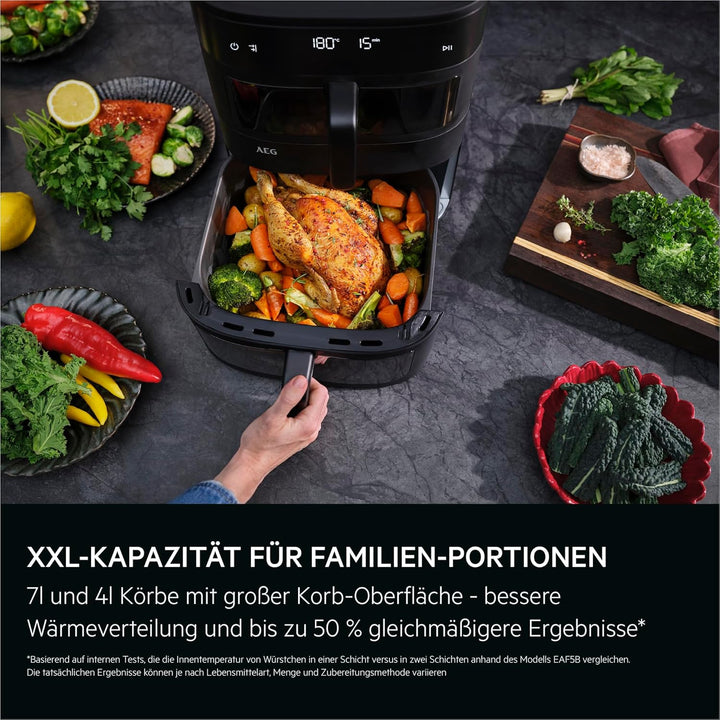 AEG Doppelkorb‑Heissluftfritteuse 11 L, 2 Fächer für Paralleles Frittieren Backen Grillen Dörren, Si