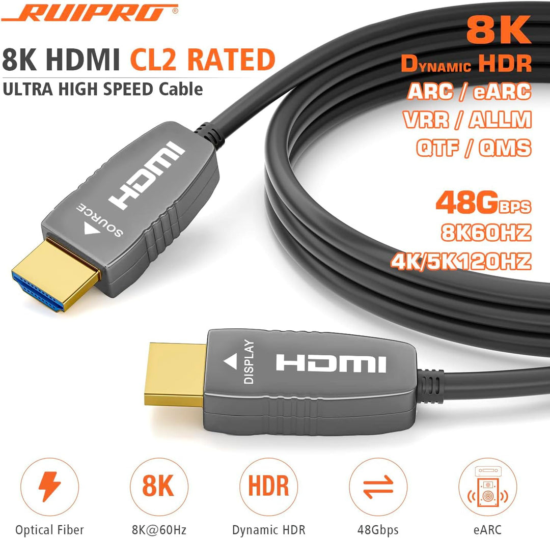 RUIPRO 8K CL2 HDMI Glasfaserkabel 7.6M, Zertifiziert HDMI 2.1 48Gbps 8K@60Hz 4K@120Hz Dynamic HDR eA