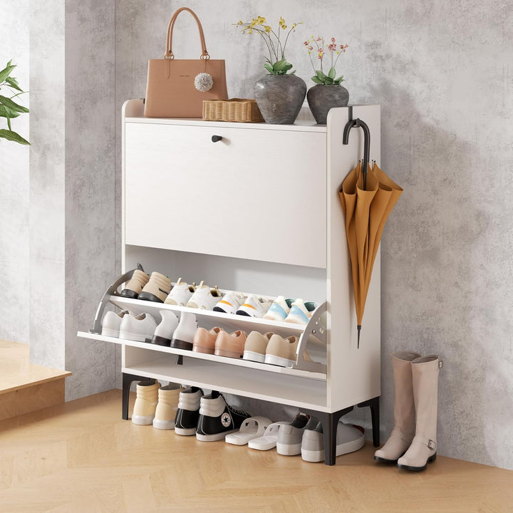 Dripex Schuhschrank schmal, Schuhkipper mit 2 Flip-Schubladen,Schuhregal schmal mit Metallfüssen für