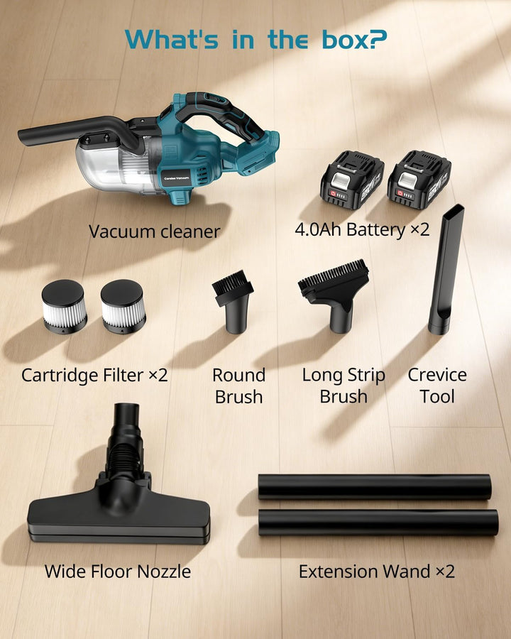 Akku Staubsauger Kompatibel mit Makita 18V, 16000Pa 4-in-1 Akku Handstaubsauger mit 2X 4.0Ah, 4 Bürs