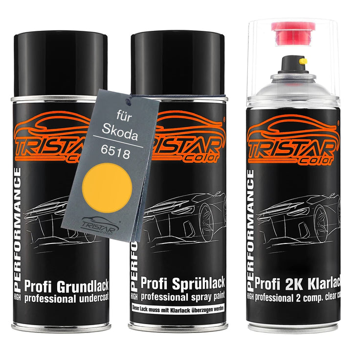 TRISTARcolor Autolack 2K Spraydosen Set für Skoda 6518 Fun Yellow/Fungelb Grundlack Basislack 2 Komp