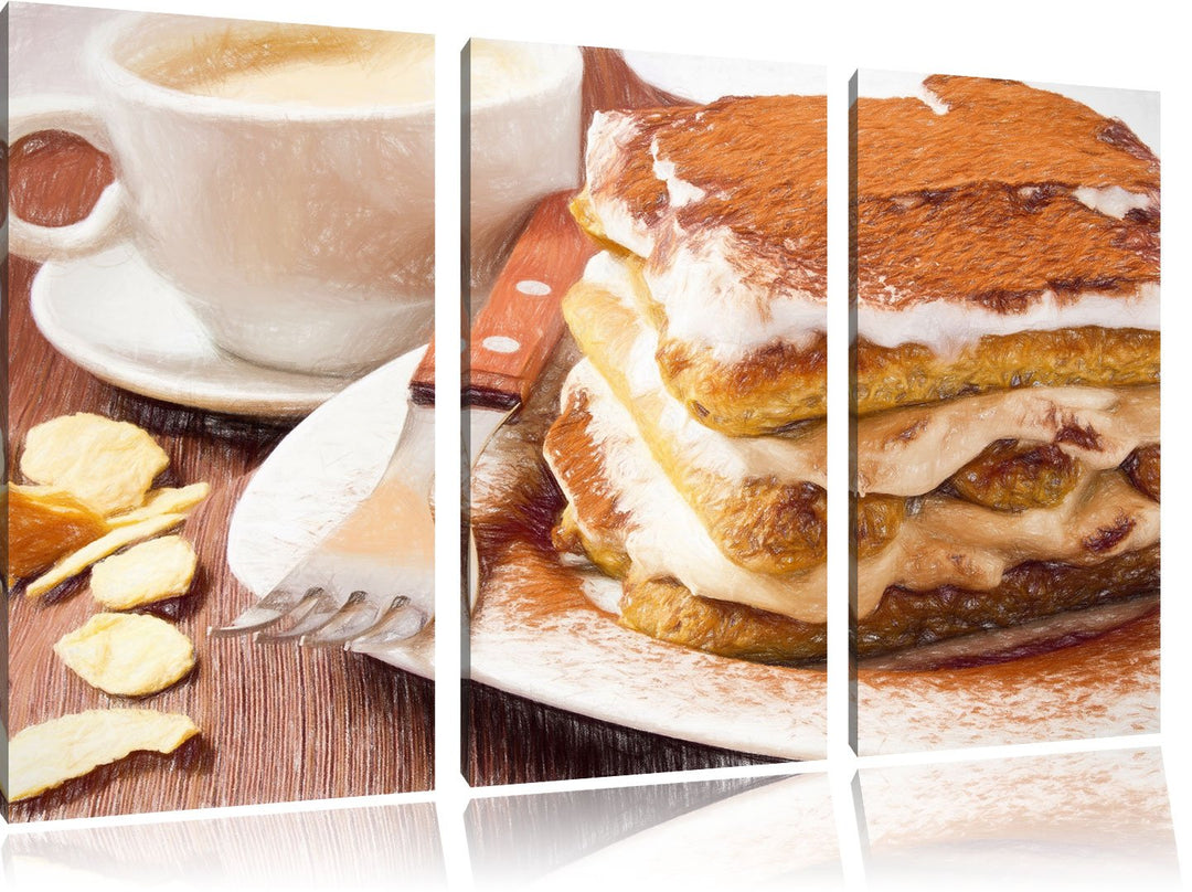 Pixxprint Leckeres Dessert mit Kaffee als Leinwandbild/Grösse: 3 Teilig (120x80) cm/Wandbild/Kunstdr
