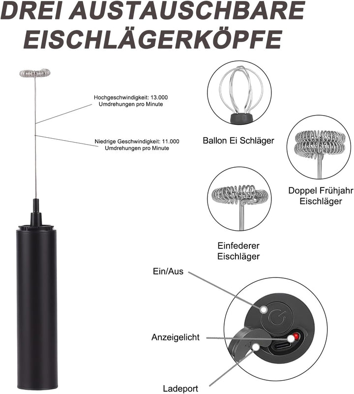 Milchaufschäumer Stab - Elektrischer Schneebesen, USB 800mah, 3 Aufsätzen 2 Geschwindigkeiten, Milch