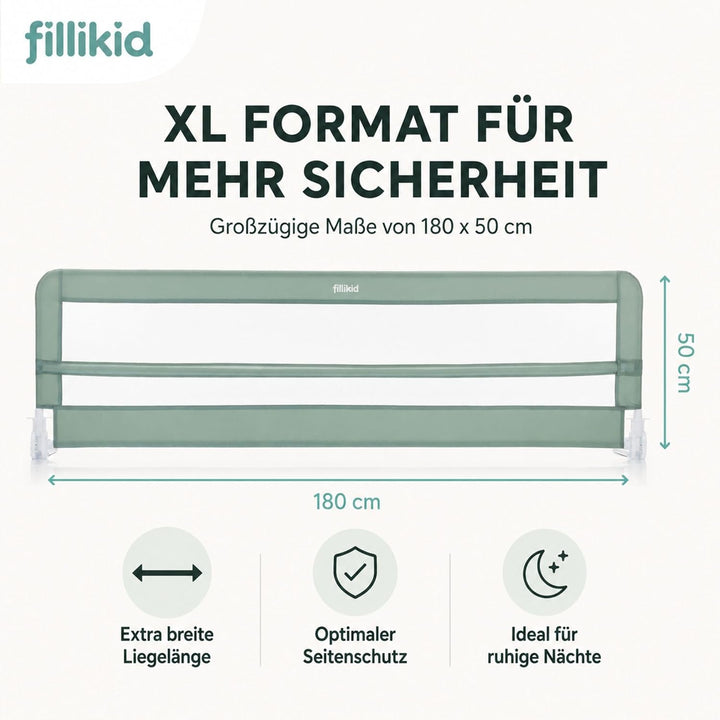 Fillikid Bettgitter Lina XL 180 x 50 cm Exklusiv | Rausfallschutz für Kinderbett & Boxspringbett | K