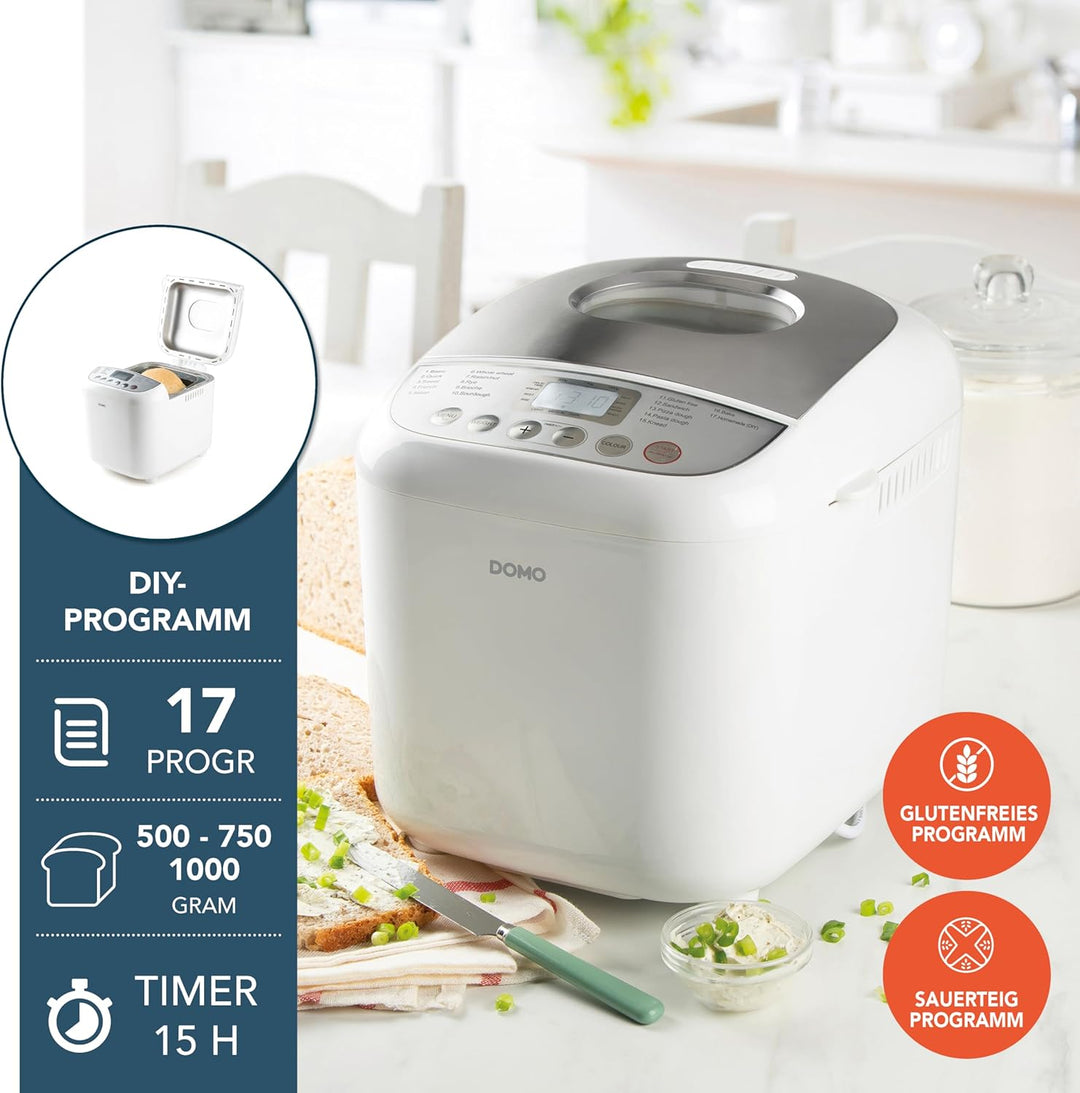 DOMO B3976 Brotbackautomat 500-750-1000gr - 17 Programme - inkl. glutenfreiem Programm - mit Timer -