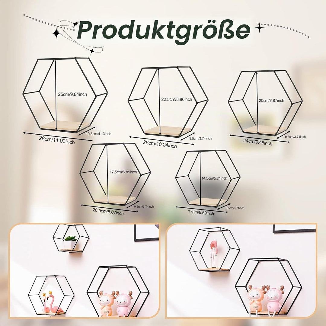 Hexagon Wandregal Ablage aus Holz Metall, 5 Grössen Hängeregal Schweberegal Gitterregal Wanddeko Dek
