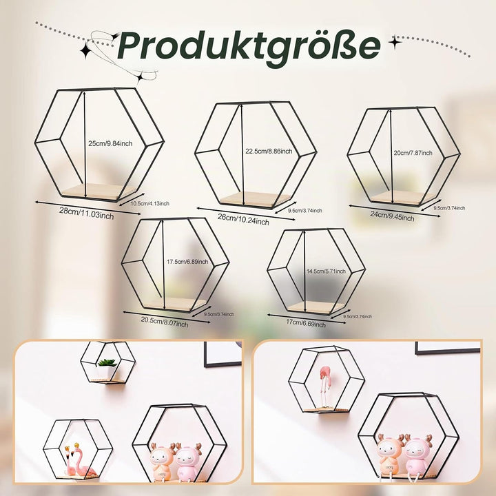 Hexagon Wandregal Ablage aus Holz Metall, 5 Grössen Hängeregal Schweberegal Gitterregal Wanddeko Dek