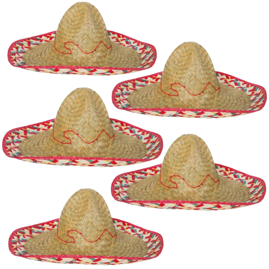 KarnevalsTeufel.de Sombrero-Set Mexikanerhüte in bunten Farben mit rotem Rand Rand - 5er Pack