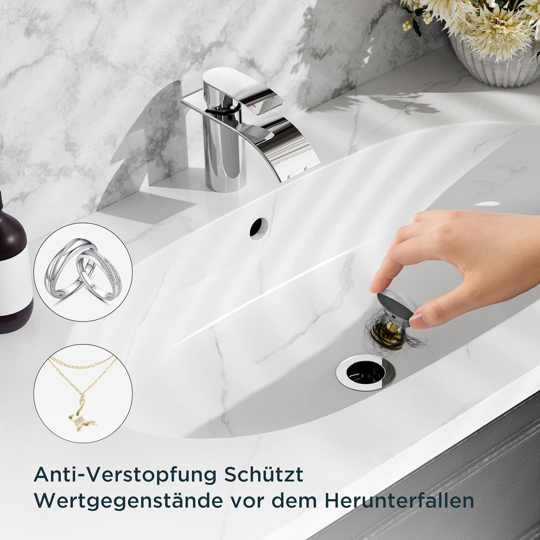FORIOUS Wasserhahn Bad mit Ablaufgarnitur, Edelstahl Wasserfall Waschbeckenarmatur mit Auslaufhöhe 8