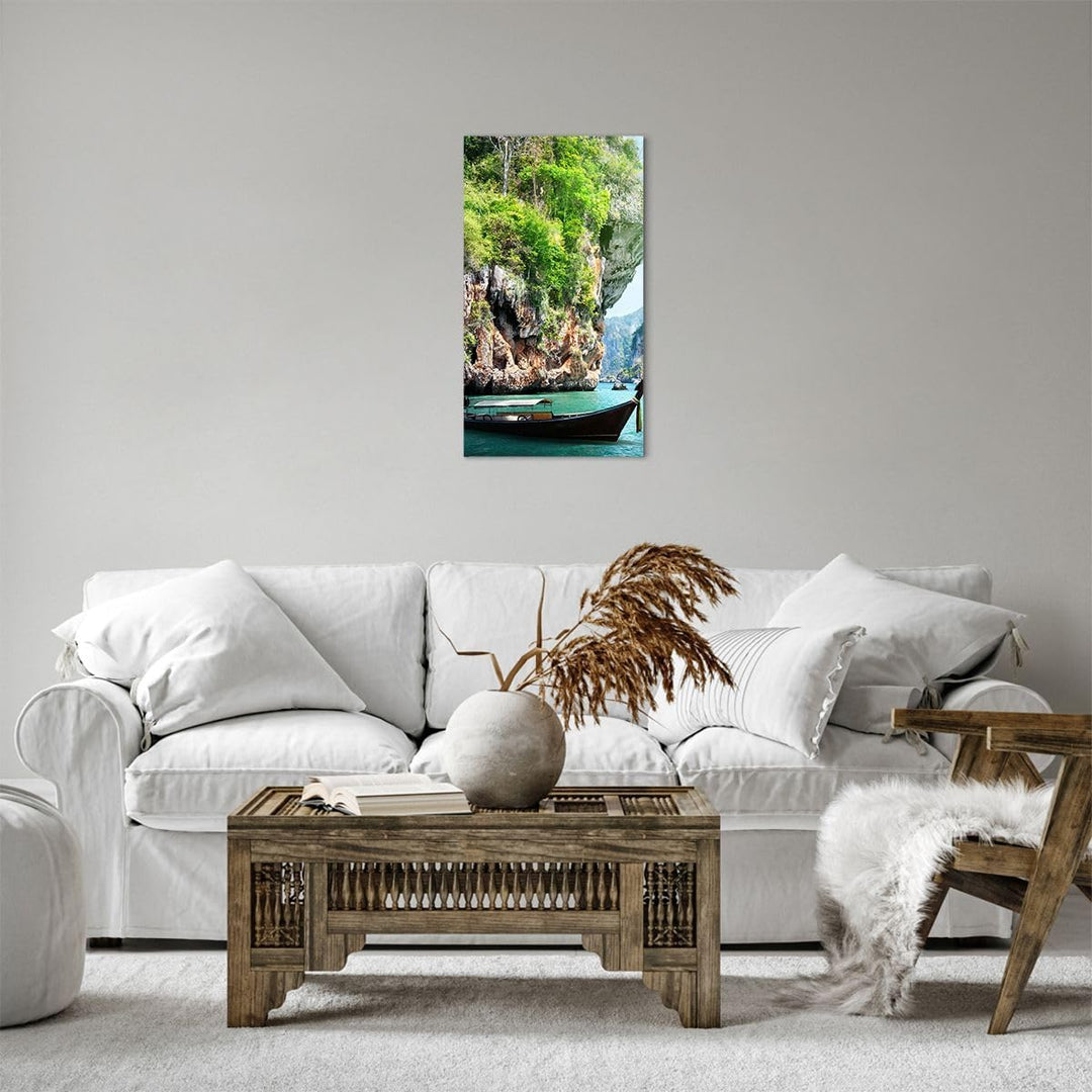 Bilder auf Leinwand Boot Klippen Natur Felsen Leinwandbild mit Rahmen 45x80cm Wandbilder Dekoration