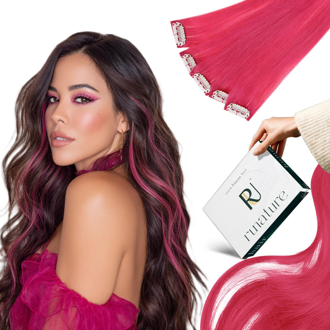 RUNATURE Clip Extensions Echthaar Hot Pink Natural Hair Extensions Clip in 50cm 5pcs Pink Haarverlän