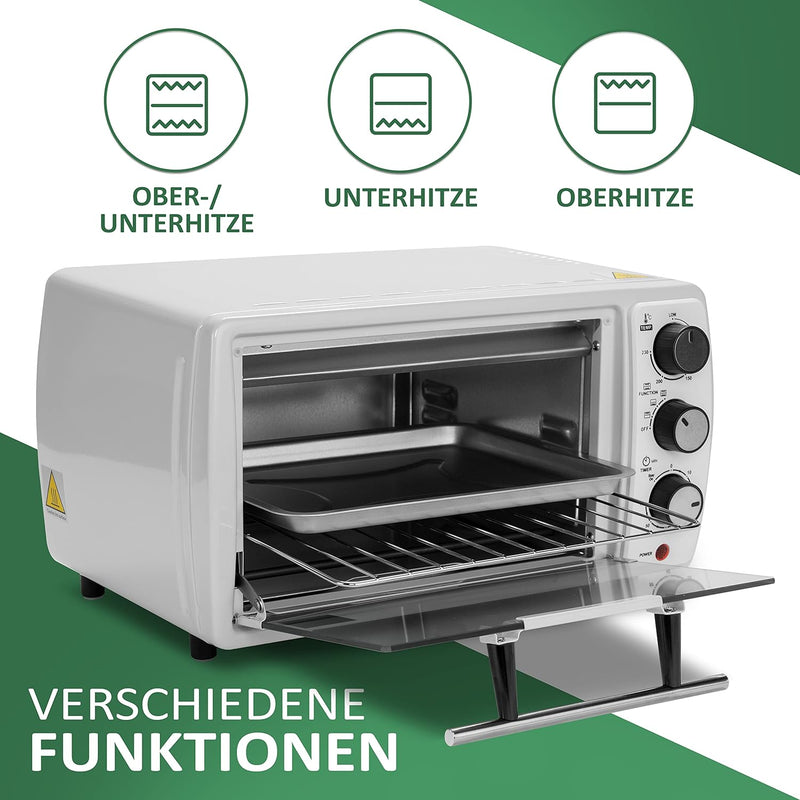 Mini Backofen 13 Liter | 1200 Watt | Pizzaofen | 65°-230°C | Timer | aufklappbares Krümelblech | Min