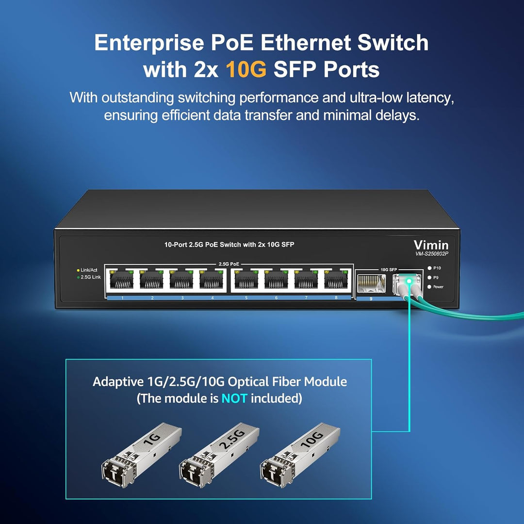 10-Port 2,5G PoE Switch Unmanaged, VIMIN 8X 2,5G Base-T PoE @130W+2X 10Gbps SFP, 8 Port PoE Switch m