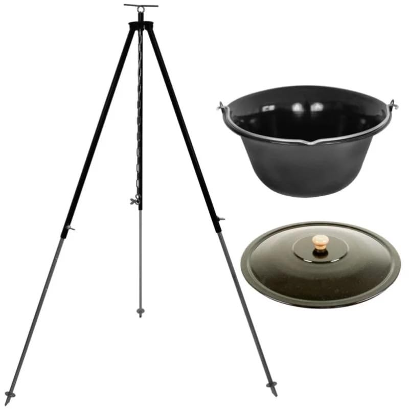 GRILLPLANET ungarischer Gulaschkessel 15 Liter schwarz emailliert mit Deckel | Dreibein-Gestell 150c