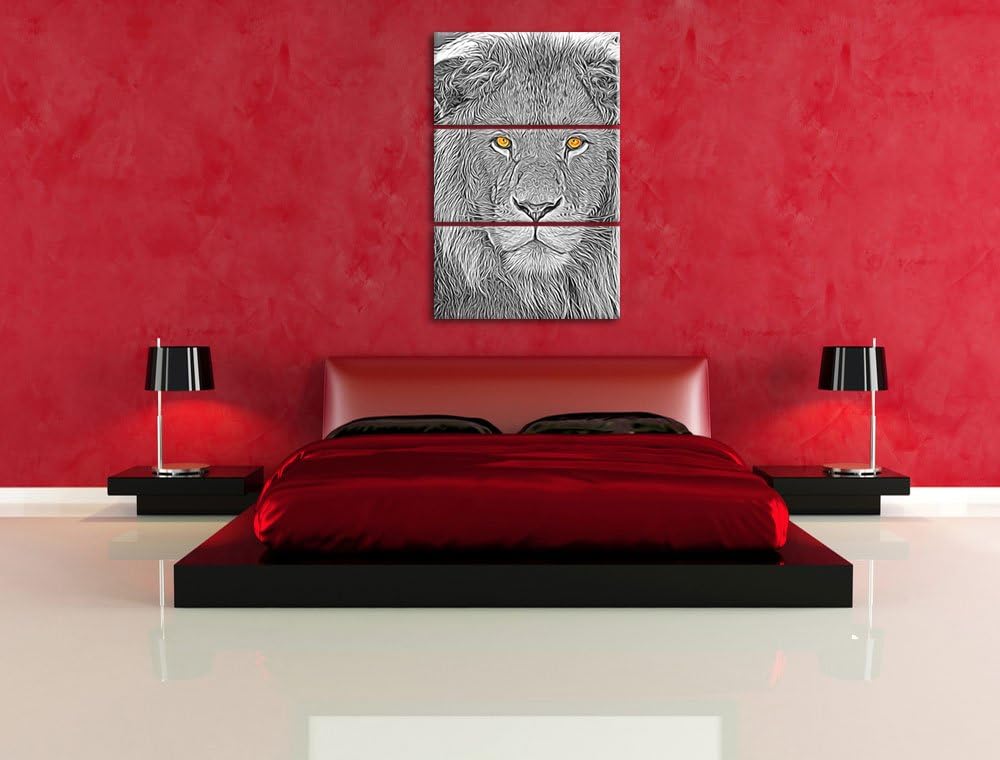 bildschöner Löwe schwarz/weiss Deluxe 3-Teiler Leinwandbild 120x80 Bild auf Leinwand, XXL riesige Bi