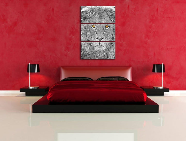 bildschöner Löwe schwarz/weiss Deluxe 3-Teiler Leinwandbild 120x80 Bild auf Leinwand, XXL riesige Bi