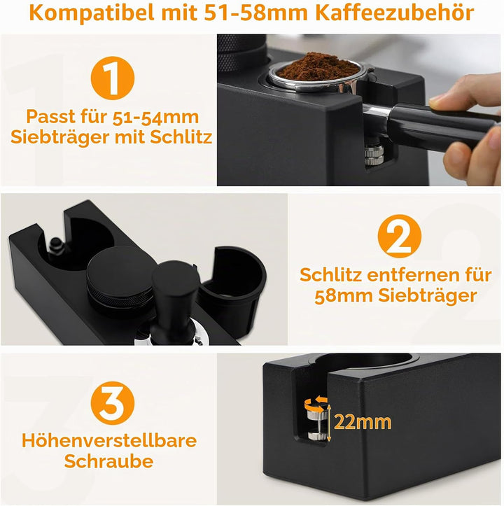 Tamperstation 51-58mm Schwarz, Espresso Tamping Station ABS Höhenverstellbar, Coffee Tamperstation U