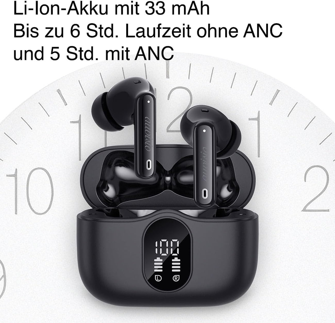 auvisio Headset, Bluetooth: Kabellose In-Ear-Kopfhörer mit Ladecase, Noise-Cancelling, schwarz (Kopf