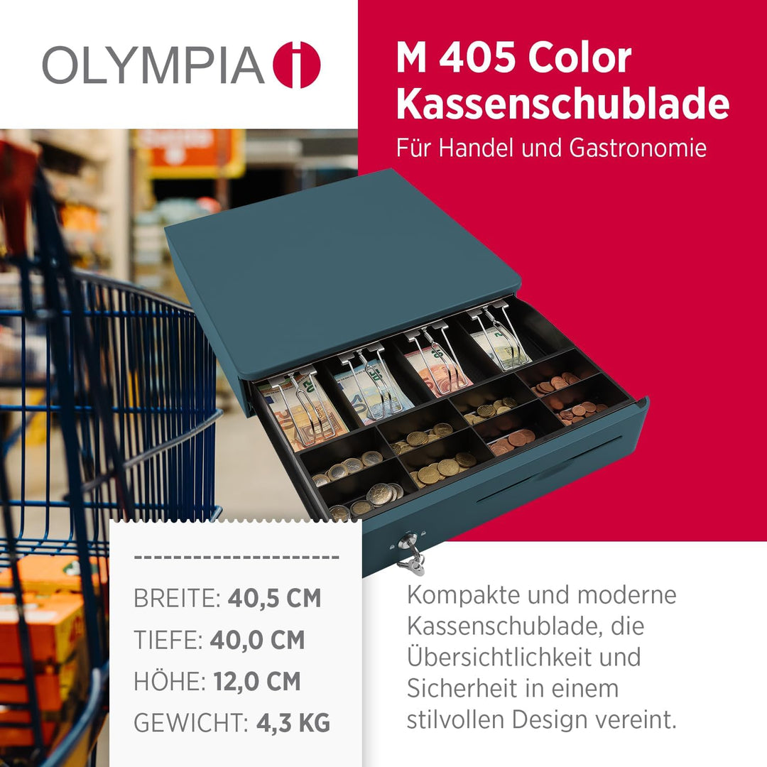 OLYMPIA M 405 Blau | Kassenlade mit 8 Münz- & 4 Scheinfächern | Robuste Kassenschublade Unterbau aus