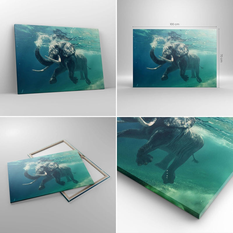 Bilder auf Leinwand 100x70cm Leinwandbild mit Rahmen Elefant Tier Wasser Gross Wanddeko Bild Schlafz