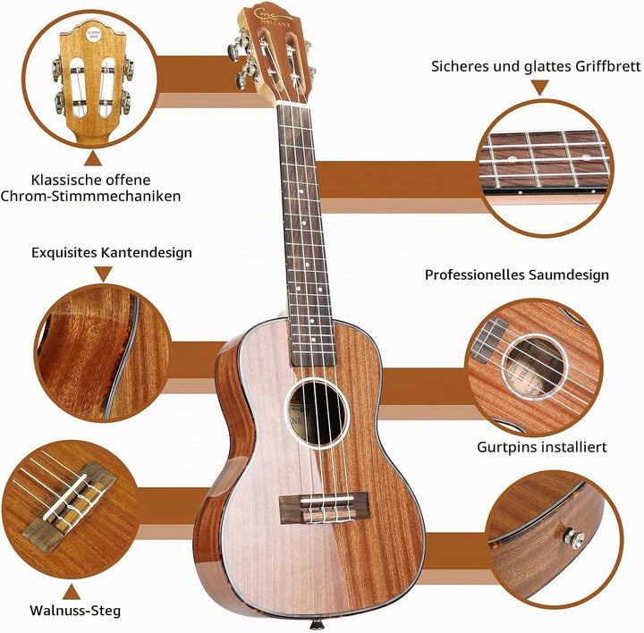 Konzert-Ukulele 23 Zoll Hochglanz Sapele Hawaii Ukulelen für Erwachsene Anfänger mit Gigbag Saiten 2