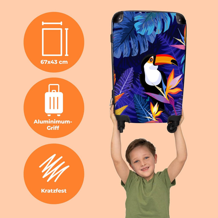 Koffer gross Trolley Rollkoffer Reisekoffer mit 4 Rollen Fotokoffer - Dschungel - Tukan - Blumen - P