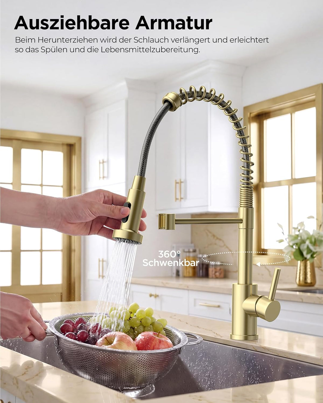 FORIOUS Wasserhahn Küche, Hoher Bogen Hochdruck Küchenarmatur mit Herunterziehen Brause Armatur, Mis
