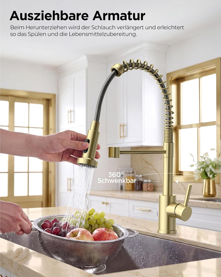 FORIOUS Wasserhahn Küche, Hoher Bogen Hochdruck Küchenarmatur mit Herunterziehen Brause Armatur, Mis