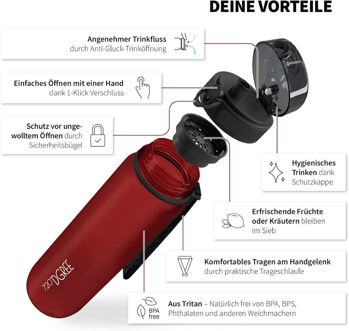 720°DGREE Trinkflasche 1l Sport “uberBottle“ softTouch +Sieb - BPA-Frei - Wasserflasche für Uni, Arb