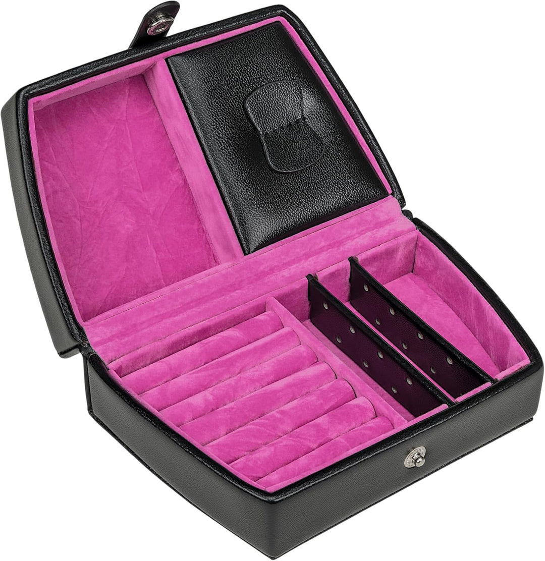 Windrose Automatik-Schmuckkoffer mit Reiseeinsatz/Merino Moda (schwarz-pink), Schwarz-pink