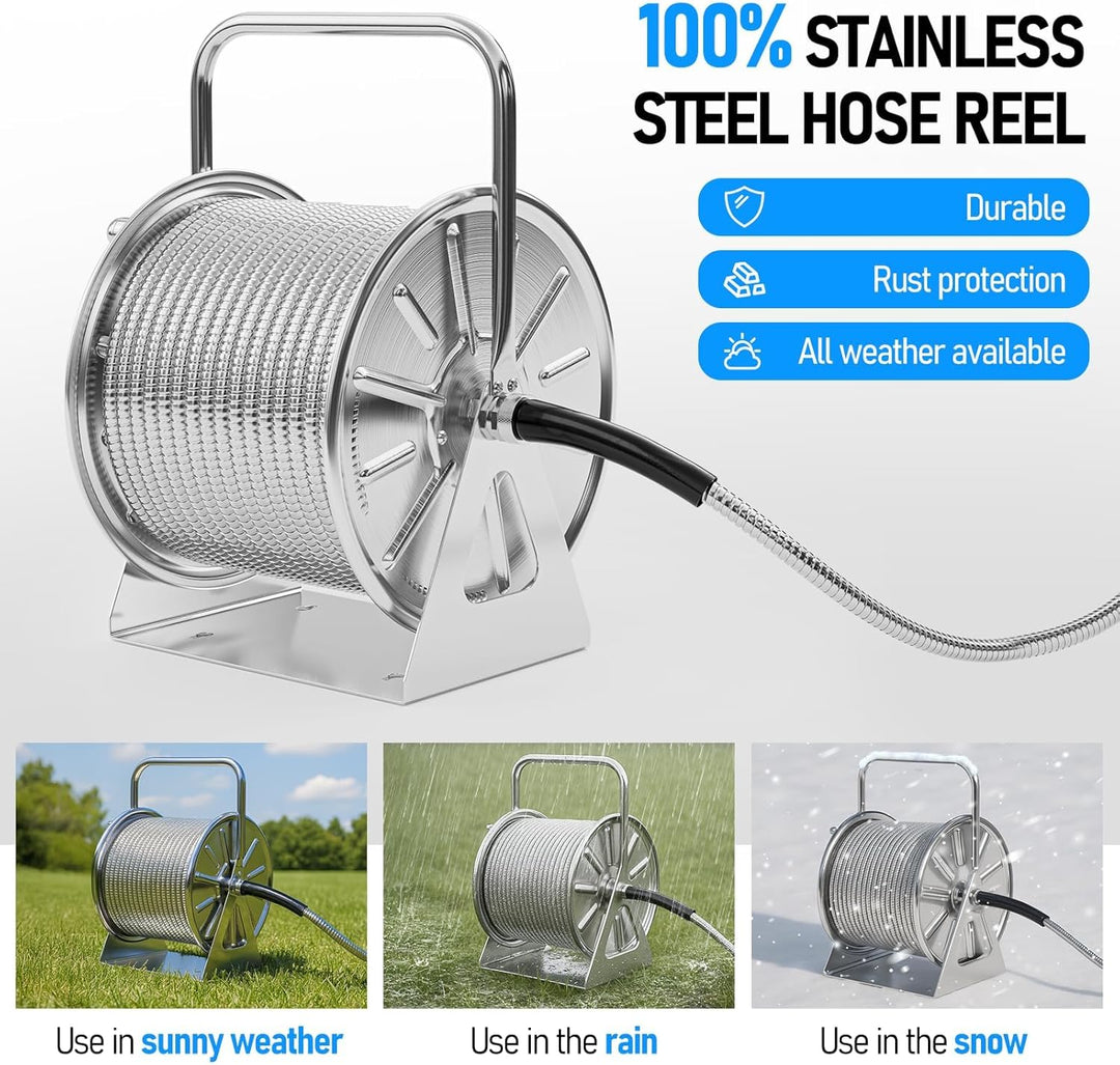 SPECILITE Schlauchtrommel Edelstahl mit 30 m Wasserschlauch, Gartenbrause und 1,9 m Zulaufschlauch,