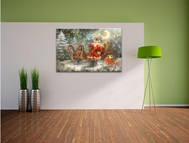 Pixxprint Weihnachtsmann mit Geschenken als Leinwandbild/Grösse: 100x70 cm/Wandbild/Kunstdruck/ferti