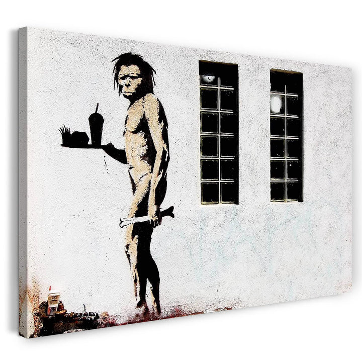Leinwand (60x40cm): Banksy - Neandertaler mit Knochen und McDonalds Menü Street