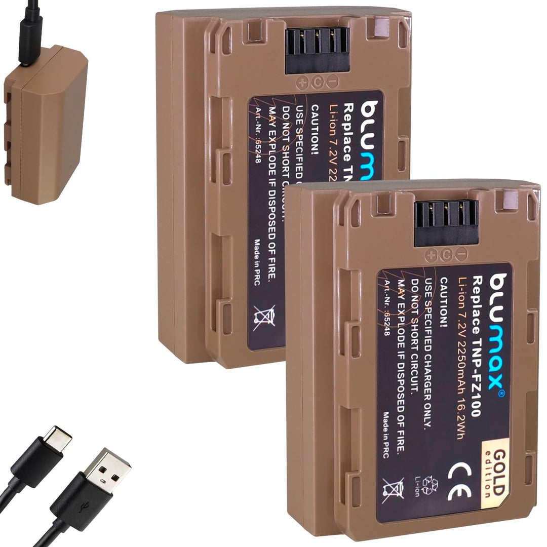 2X Blumax Gold Akku ersetzt Sony NP-FZ100 (2250mAh) mit USB Typ-C Ladebuchse - NTC-Sensor &amp; V1-Gehäu