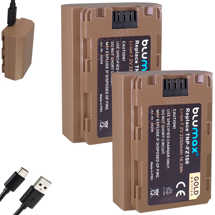 2X Blumax Gold Akku ersetzt Sony NP-FZ100 (2250mAh) mit USB Typ-C Ladebuchse - NTC-Sensor &amp; V1-Gehäu