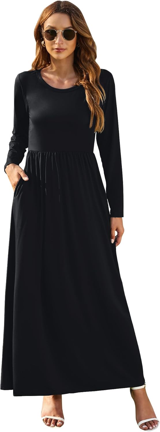 AUSELILY Damen Langarm Maxikleider Lässige Langkleider mit Taschen Winter, XS Schwarz