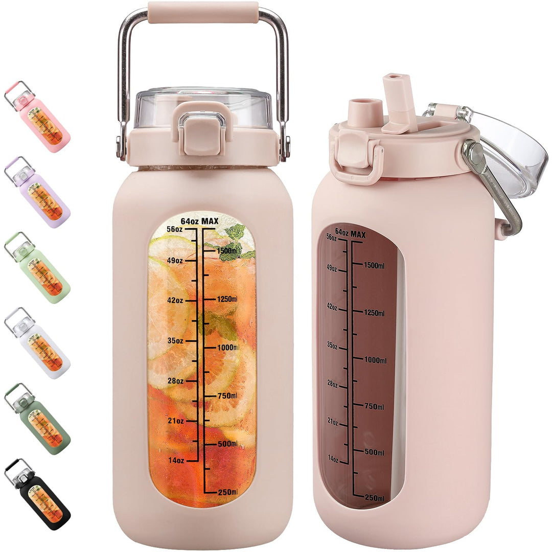 BLUEGO 2000ml Glaswasserflasche mit Edelstahlgriff und Zeitmarkierung 2L Trinkflasche Borosilikatgla