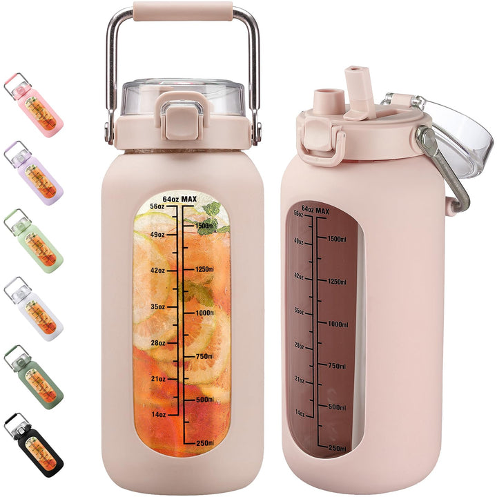 BLUEGO 2000ml Glaswasserflasche mit Edelstahlgriff und Zeitmarkierung 2L Trinkflasche Borosilikatgla
