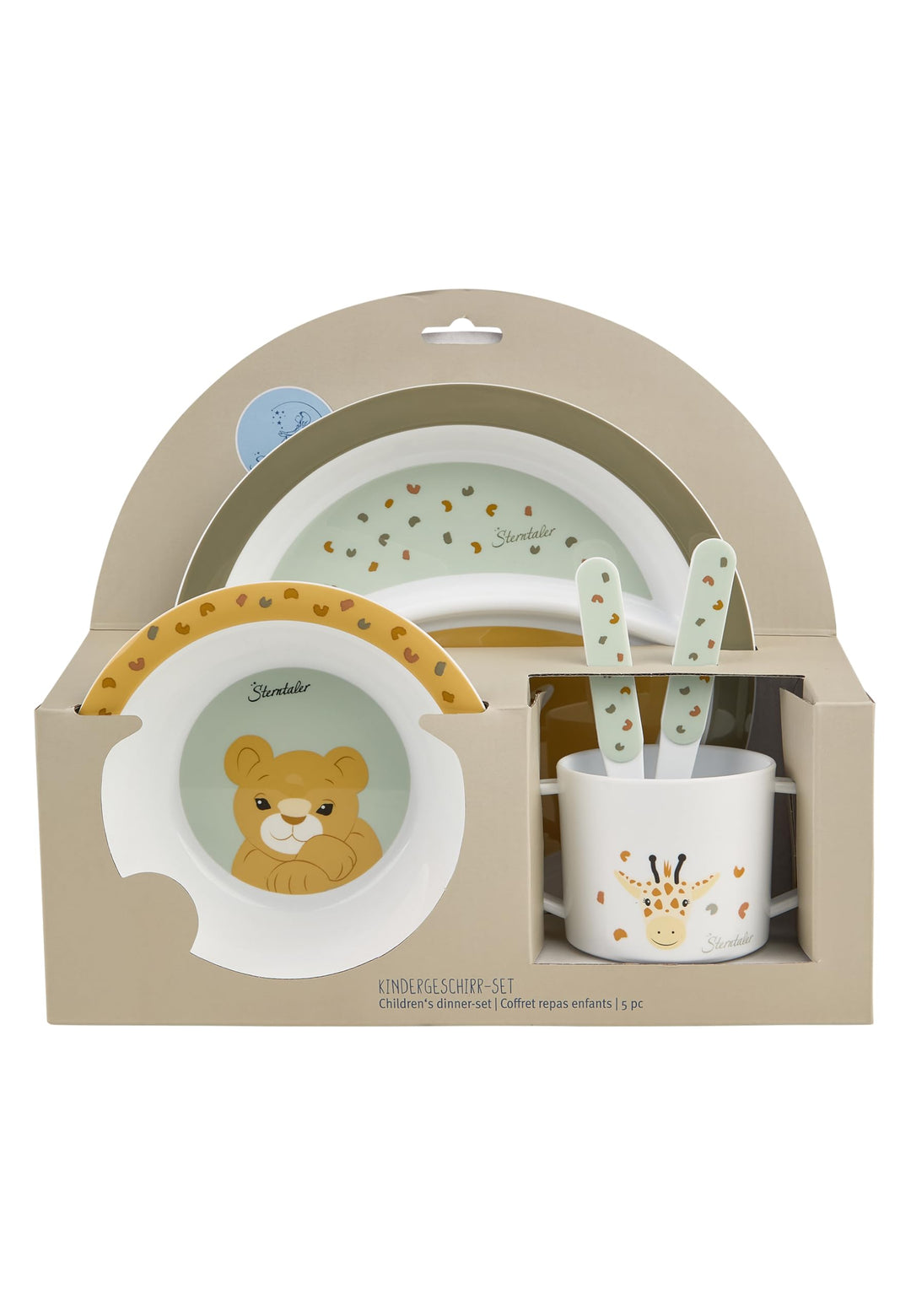Sterntaler Geschirrset Giraffe & Löwe – Rutschfester Teller, Schale, Besteck & Becher – aus lebensmi